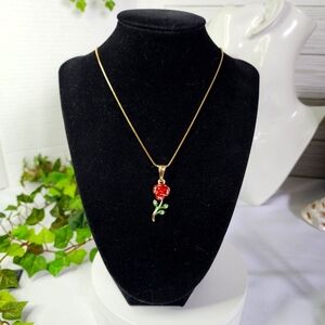 Gold Red Rose Pendant with Gold Chain Necklace New